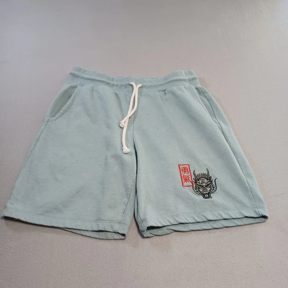 Blind Rooster Mens Dragon Graphic Sweat Shorts Blu Green Large Embroidered Kanji
